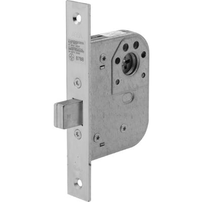Assa Abloy låsekasse 8788 med blik til gør-det-selv-brug, vist forfra med lang frontplade og udstående låsebolt.
