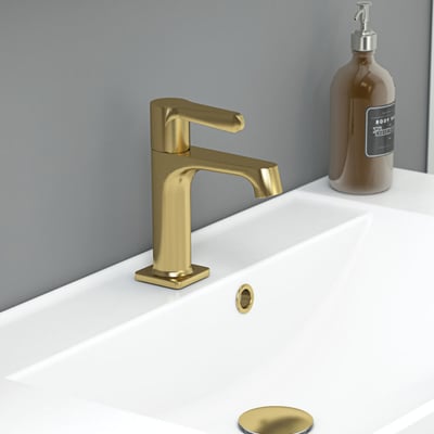 Dansani overløbsroset i messing til hvid porcelænsvask, måler 30x30x15 mm.