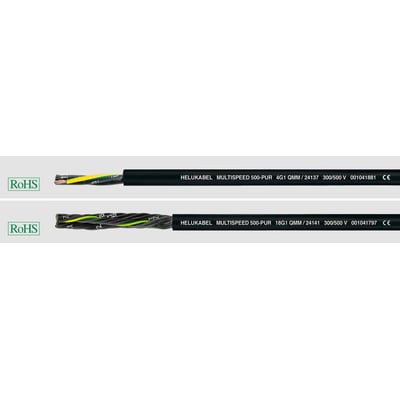 HELUKABEL MULTISPEED-500-PUR kabler, et med 4G2,5 og et med 18G1, vist med afskåret kappe for at afsløre lederne.