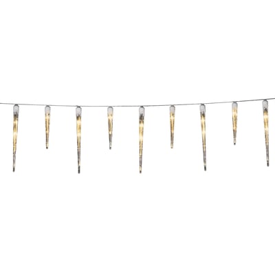 Konstsmide istaplyskæde med ravfarvede LED, præsenteret isoleret på en hvid baggrund for at vise istappernes detaljer.