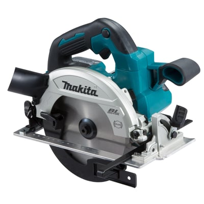 Makita 18V akku håndrundsav DHS660Z med klinge, justerbar sål og gummihåndtag, isoleret mod hvid baggrund.