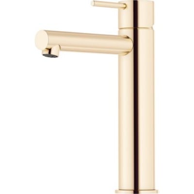 Mora Inxx II Sharp Medium håndvaskarmatur i poleret messing med en lige profil og lang tud, perfekt til større håndvaske.