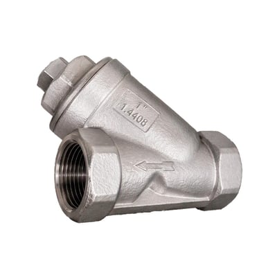 MODU Valves snavssamler med 1/2-tommers gevind i rustfri udførelse, set skråt forfra med synlig flowpil.