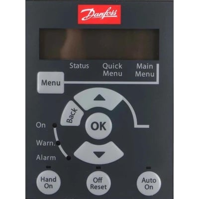 Tættere visning af Danfoss LCP 11 betjeningspanel, der fremhæver displayet og de forskellige menuer og kontrolknapper som OK, Menu og Back.