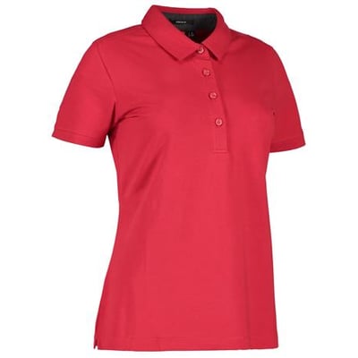 ID Identity dame polo i rød stretch single jersey, størrelse M, med skjortekrave og knaplukning.