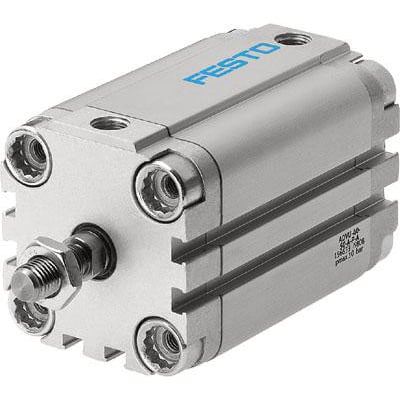 Festo ADVU-50-40-A-PA kompakt luftcylinder i aluminium med synlig stemplet modelnummer og trykklassificering.