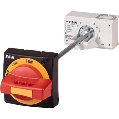 Eaton NZM1 aflåsbar dørkobling og håndtag med rød/gul drejeknap og metalstang forbundet til hvid enhed.