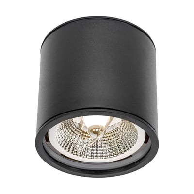 Sort SpectrumLED AR111-loftlampe i aluminium til påbygning med GU10-fatning og rund reflektor.