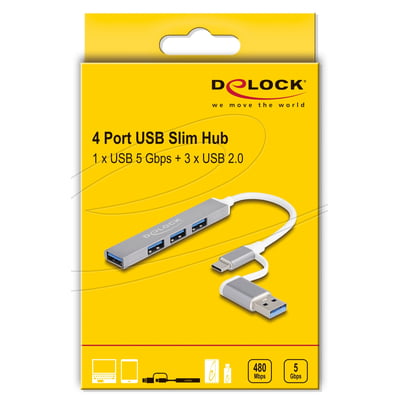 Emballagen viser DeLock 4-port slim USB-hub med tre USB 2-porte, én 5 Gbps-port og Type-C/A-stik.