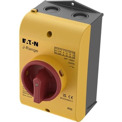 Eaton nødafbryder J-Range, 32A, 3P+N, IP65 kapslet med rødt aflåseligt håndtag på gul og sort baggrund.