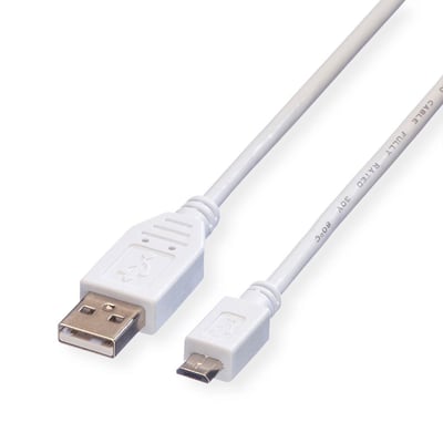 Hvidt USB 2.0 A-Micro B kabel på 3,0 meter, med stik i begge ender og mærket med 'CABLE FULLY RATED 30V 80C'.