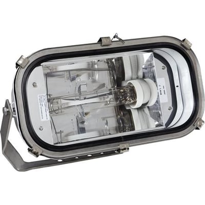 Robust industriarmatur fra Wareco med beskyttelsesglas og justerbar monteringsbøjle, ideel til udendørs brug.