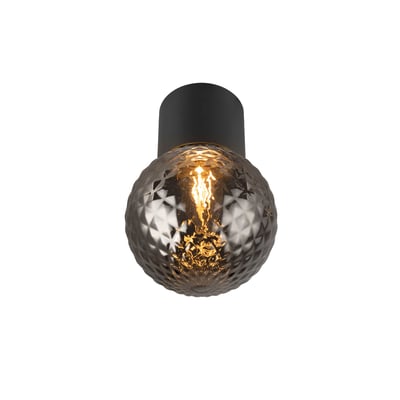 SLV VARYT CL loftlampe i sort med en rund, tekstureret skærm i røgfarvet glas, der viser en oplyst E14 pære.