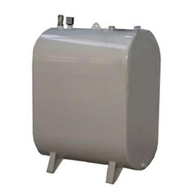 Komplet, hvid C3 olietank af stål til udendørs brug med 1200 liters volumen, monteret på ben.