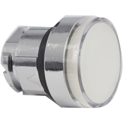 Schneider Electric ZB4BW31 lampetrykshoved i hvid med krom finish, der viser LED-lyset og 22mm monteringsdiameter.