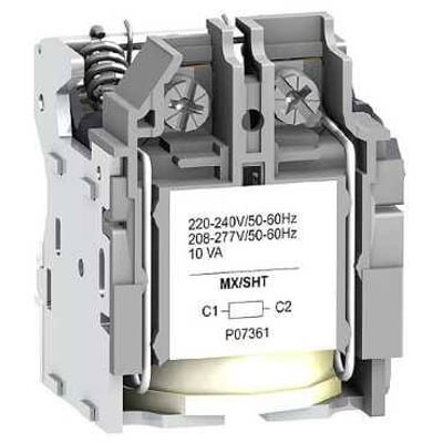 Schneider Electric Spole MX shunt trip udløser med 220-240V AC styrespænding, viser teknisk label og interne komponenter.