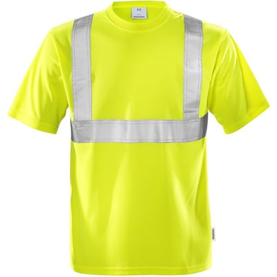 Hi-vis gul T-shirt i 100% polyester med refleksstriber over skuldre og omkring livet, str. S. Godkendt EN ISO 20471 klasse 2.