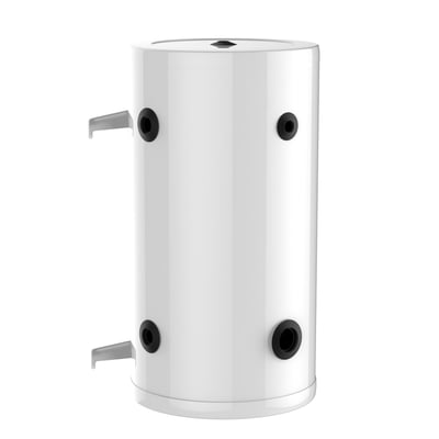 KN Mini HC 85l buffertank i hvid, væghængt model med sorte tilslutningsstudser og monteringsbeslag på hvid baggrund.