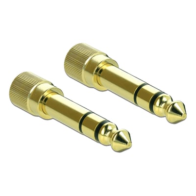 To DeLock 6.35 mm stereo plug til 3.5 mm jack adaptere i guld, viser hanstikket med riflet greb.
