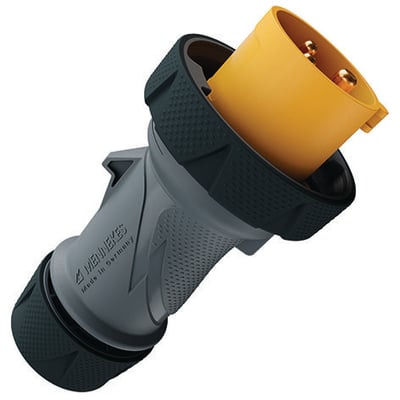 Mennekes PowerTOP Xtra CEE-stikprop med gråt ergonomisk hus og gul 16A-tilslutning til 110V.
