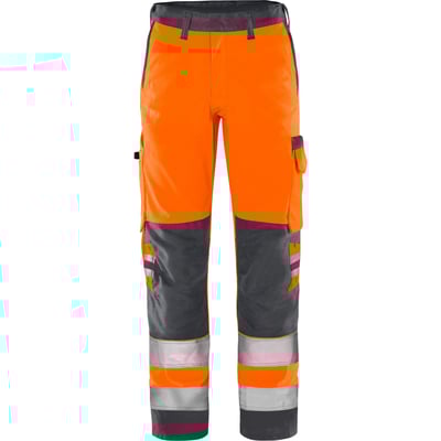 Kansas Fristads Green Hi-Vis bukser kl.2 2651 GPLU i orange/grå med reflekser i str. D112, vist forfra.