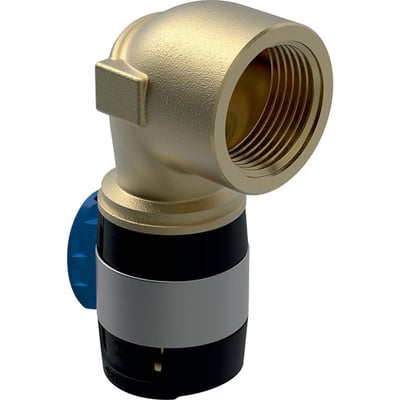 Geberit FlowFit 90° bøjning i blyfri rødgods med 25mm pres-tilslutning og 1" indvendigt gevind, viser detaljeret konstruktion.