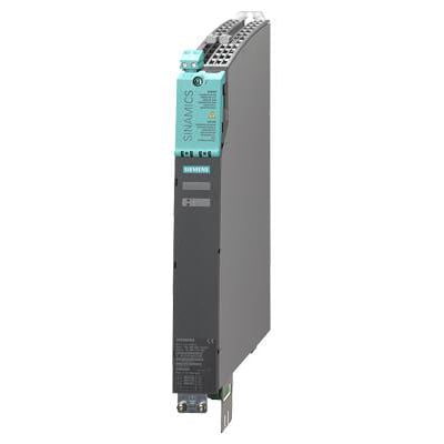 Siemens Sinamics S120 smart line modul, 60A, booksize med intern luftkøling og Drive CliQ kabel, vist på hvid baggrund.