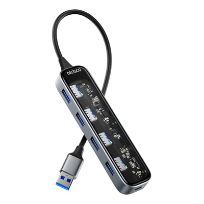 Deltaco transparent USB-A hub set fra siden, med tydelig visning af de fire porte og den integrerede USB-A kabeltilslutning.