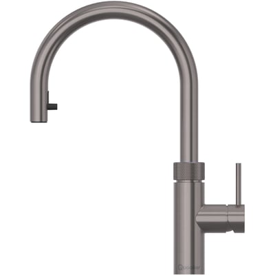 Quooker Flex Round-armatur i gunmetal med høj, buet C-tud og greb på siden, set forfra.