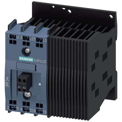 Siemens Sirius 3RF3 solid-state kontaktor, 3-faset, 16A, med 24VDC styrespænding og fjederterminaler på grå og sort baggrund.