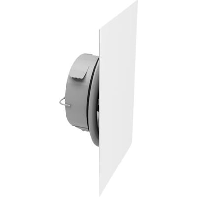 Lindab Airy rektangulær frontplade i RAL9003 hvid, vist fra siden med ventilhuset monteret.