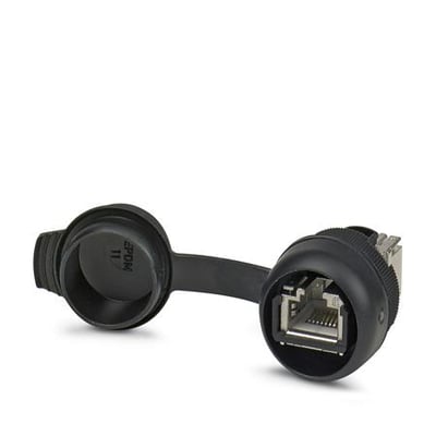 Phoenix Contact datagrænseflade SI-RND-R1A, en RJ45 Cat6A bøsningsdel med beskyttelseslåg åben. Den viser et 8-polet metalstik og tydeligt mærket EPDM.