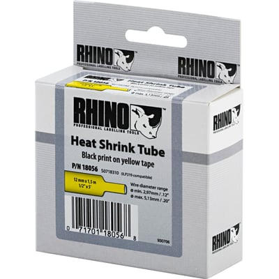 Emballagen til DYMO RhinoPRO krympeslange med sort tekst på gul tape, 12 mm bred og 1,5 meter lang.
