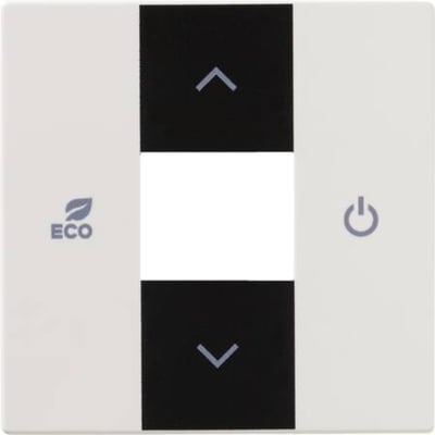 ABB Free-Home tangent til rumtermostat i hvid med ECO-symbol og power-symbol samt op- og ned-pile på sort baggrund.