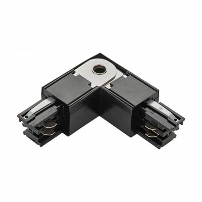 SpectrumLED SPS DALI L connector i aluminium med sort, vinklet udformning og to tilslutningsender, set skråt ovenfra.