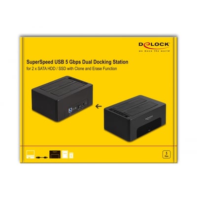 DeLOCK Dual Docking Station til 2 x SATA HDD/SSD med Clone og Erase funktion præsenteret i gul emballage.