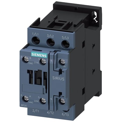 Siemens 3RT20 17A 3-polet strømkontaktor med 24V AC spole og skrueterminaler, vist i et skråt frontperspektiv.