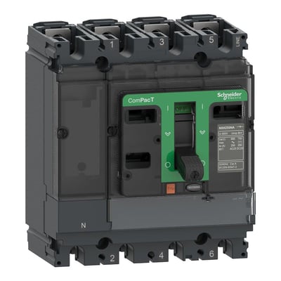 Schneider Electric ComPacT NSX100NA 4-polet lastadskiller med en mærkestrøm på 100A og en driftsspænding på 690VAC, vist fra fronten med betjeningshåndtag og mærkater.