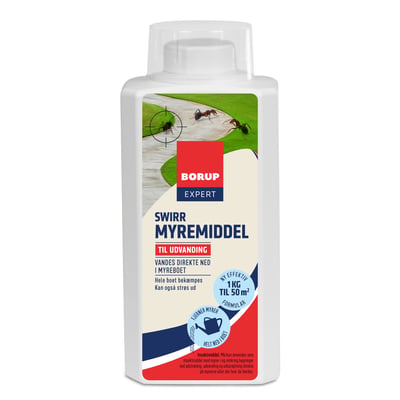 Borup EXPERT Swirr myremiddel i hvid 1 kg-flaske med rødt, blåt og beige mærkat og myrer på etiketten.