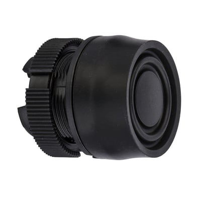 Schneider Electric Harmony sort trykknaphoved med 22mm diameter og silikonehætte, vist fra siden.