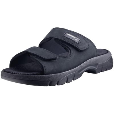 Sort arbejdssandal i nubuck med bred pasform og justerbare velcroremme, viser den støddæmpende sål.