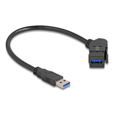 DeLock Keystone USB-kabel med Type-A hanstik og vinklet Type-A hunport til panelmontering, 30 cm og 5 Gbps.