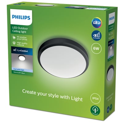 Philips Doris loftlampe i sort, 6W LED med 4000K og IP44 klassificering, præsenteret i original emballage med produktinformation.