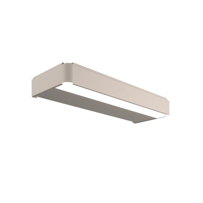 Svedbergs LED-belysning til skab i sandfarve, set skråt nedefra med den lange lysflade synlig; mål 60 x 7 x 20 cm.