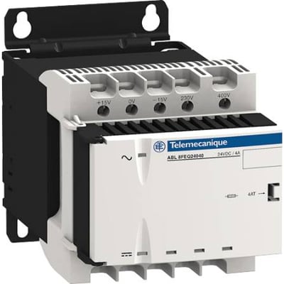 Schneider Electric ensrettet strømforsyning ABL 8FEQ24040 med 24VDC og 4A udgang, monteret på din-skinne med tydelige terminaler for tilslutning af spænding.