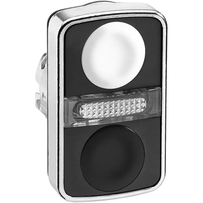 Schneider Electric Harmony XB4 dobbelttryksknaphoved med sort knap og hvid LED lys på 22mm montagehul.