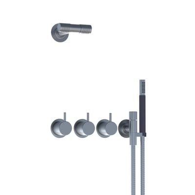 Vola 5471R-081D-27 termostat til indbygning med brusehoved og tre greb på hvid baggrund.