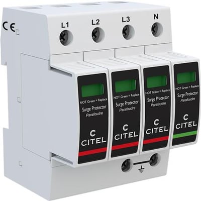 Transientbeskyttelse DACF25, 3P+N, Type 2 med sikring, 4 polet, 230Vac, varistor teknologi, på hvid baggrund.