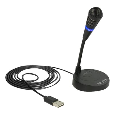 Sort Delock kondensatormikrofon med fleksibel svanehals, rund base, blå lysring og USB-stik på ledningen.