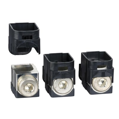 Tre Schneider Electric terminaler til 120-185mm² CU/AL, hvoraf to er samlet og en delvist viser den indvendige bolt.